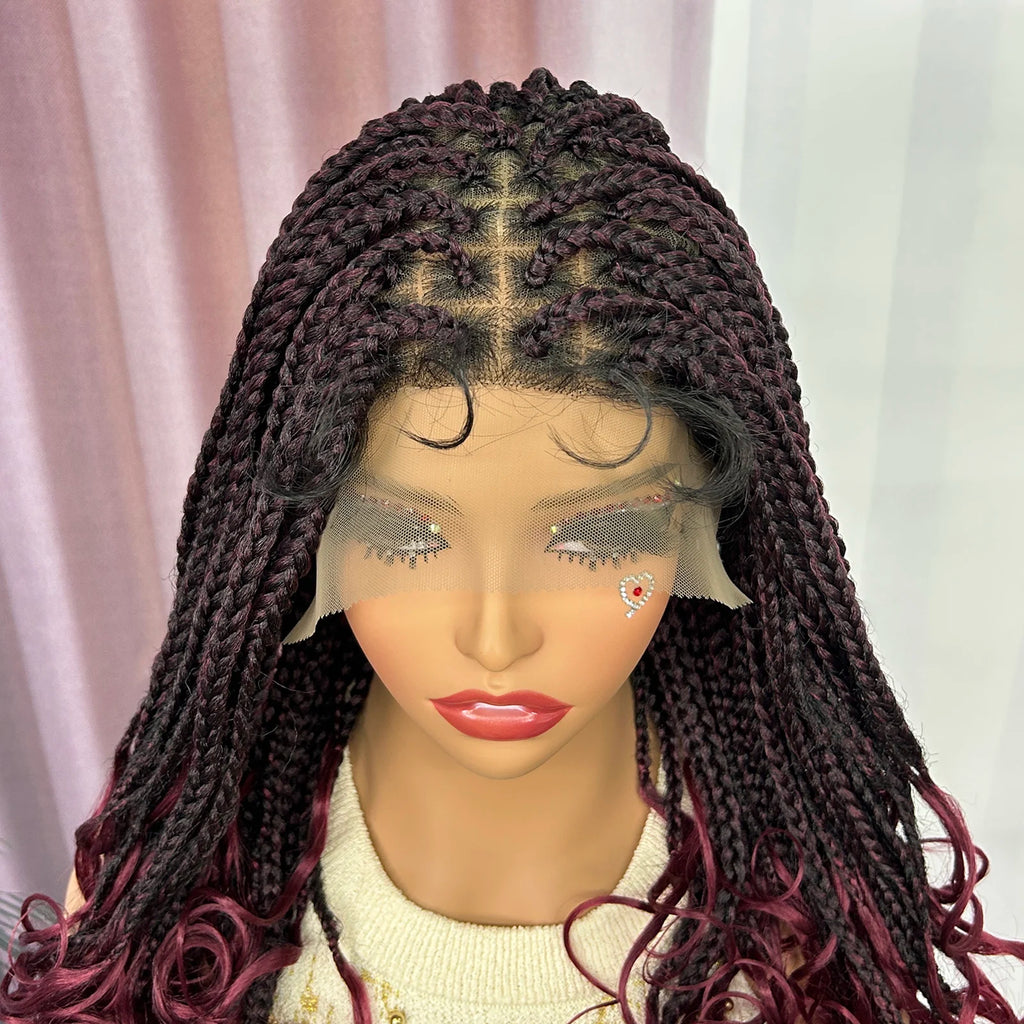 Ombre Synthetic Lace Front Square Knotless Box Braided Wig with Wavy Ends Lace Frontal Braids Wig with Baby Hair for Black Women