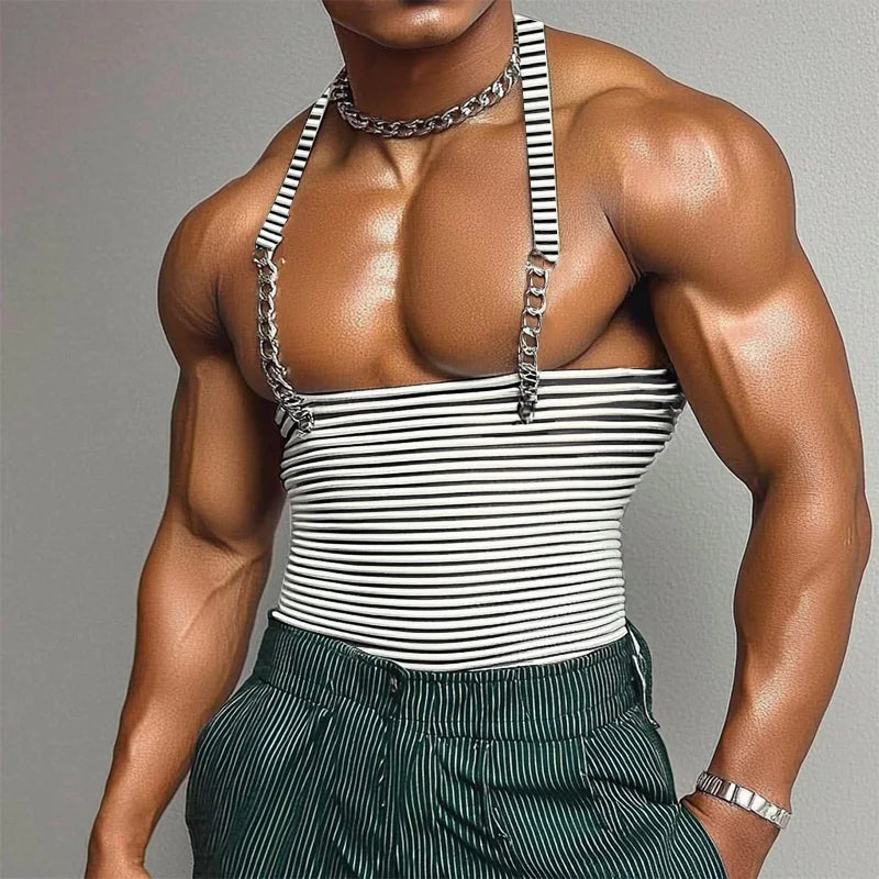 INCERUN Tops 2025 American Style Fashion New Men Striped Metal Strip Hanging Neck Vests Summer Sexy Casual Personality Tank Tops