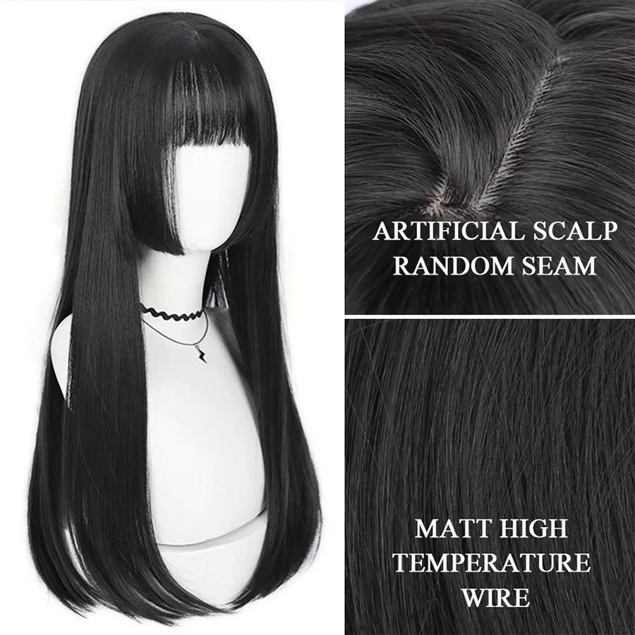 Natural Long Straight Synthetic Black Wig With Bangs Lolita Cosplay Hair Wigs For Women Heat Resistant Fiber Daily Party Wig
