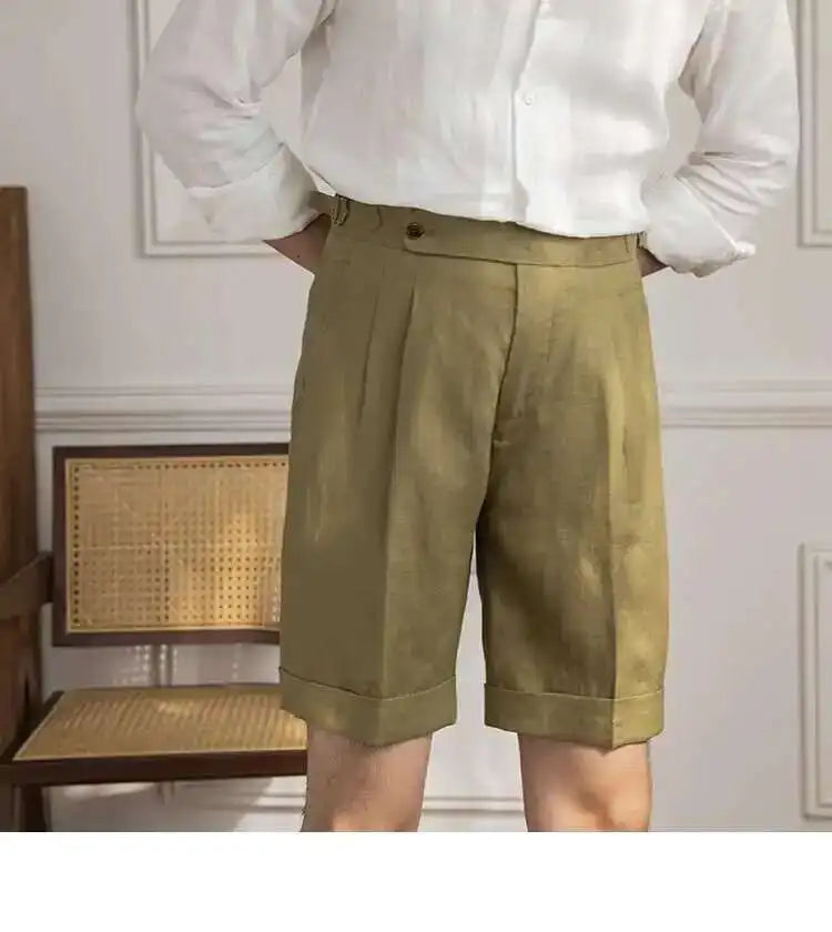100% Linen Summer Straight Naples Shorts Men Solid Color Business Dress Pants Office Social Casual Slim Fit Shorts