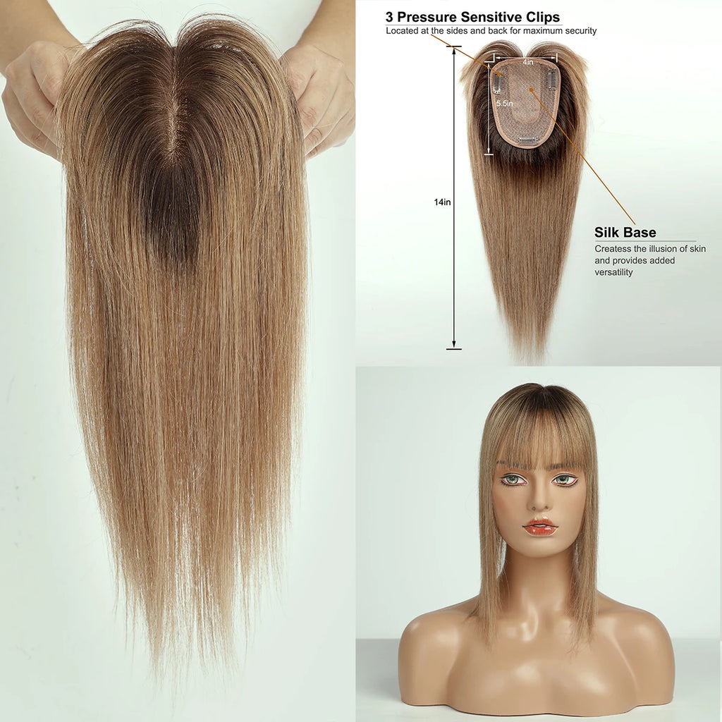Ombre Brown Real Human Hair Toppers Wigs with Bangs Silk Base Clip Pieces 14inch Straight Topper Hairs for Women Hair Extension