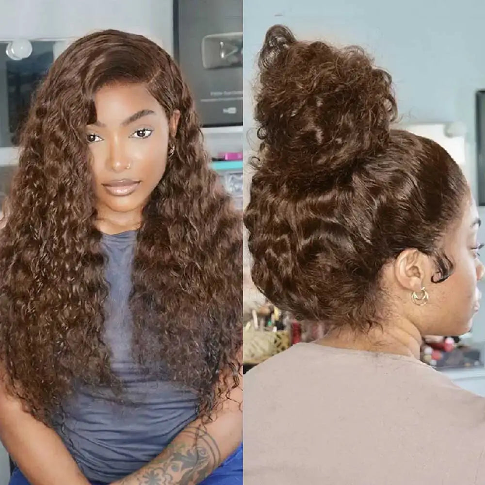 Water Wave 30 32 36Inch Invisible Strap 360 Full Lace Front Wig Chocolate Brown Deep Wave Frontal Wig Glueless Wig Human Hair