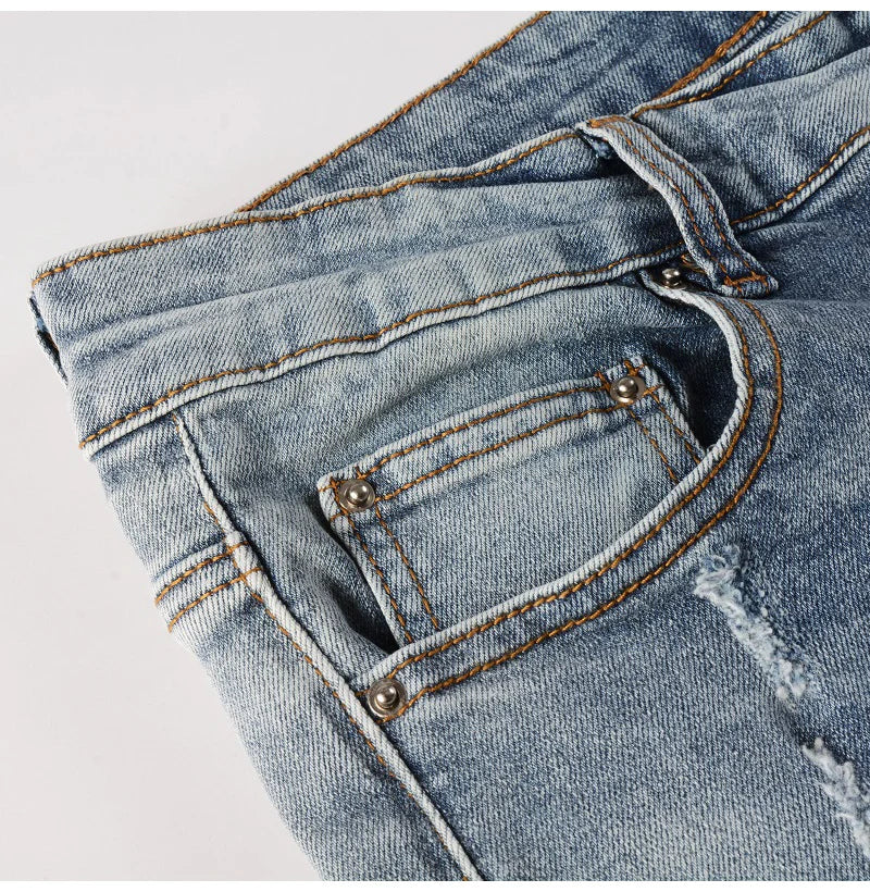 Men Leather Patches Denim Jeans Streetwear Holes Ripped High Stretch Pants Light Blue Skinny Tapered Trousers