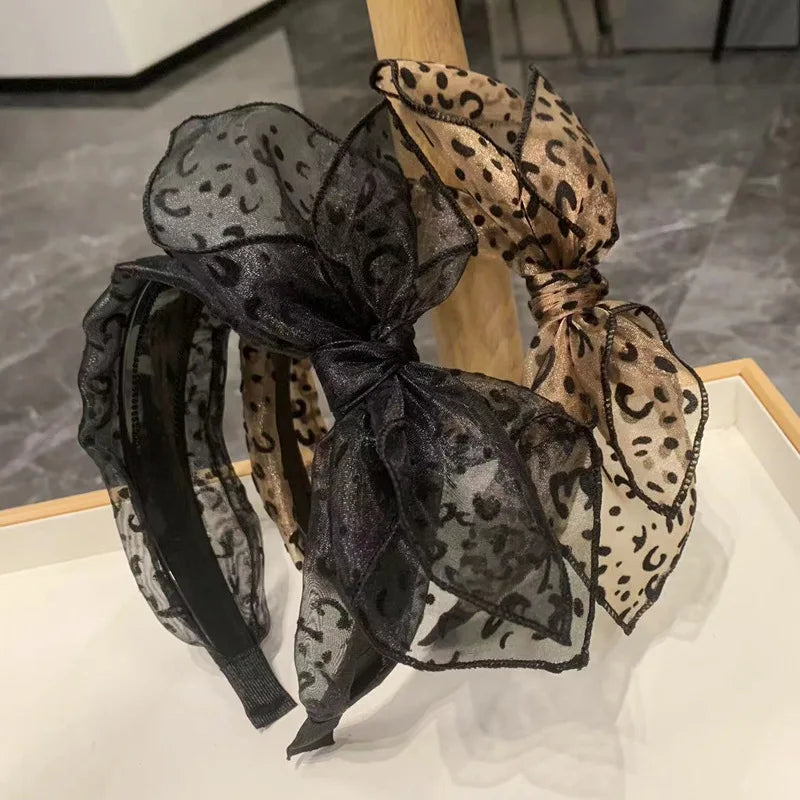 Vintage Leopard Print Hairband for Women Handmade Bow Hair Hoop Mesh Hair Bow Headbands Female Hair Accessories
