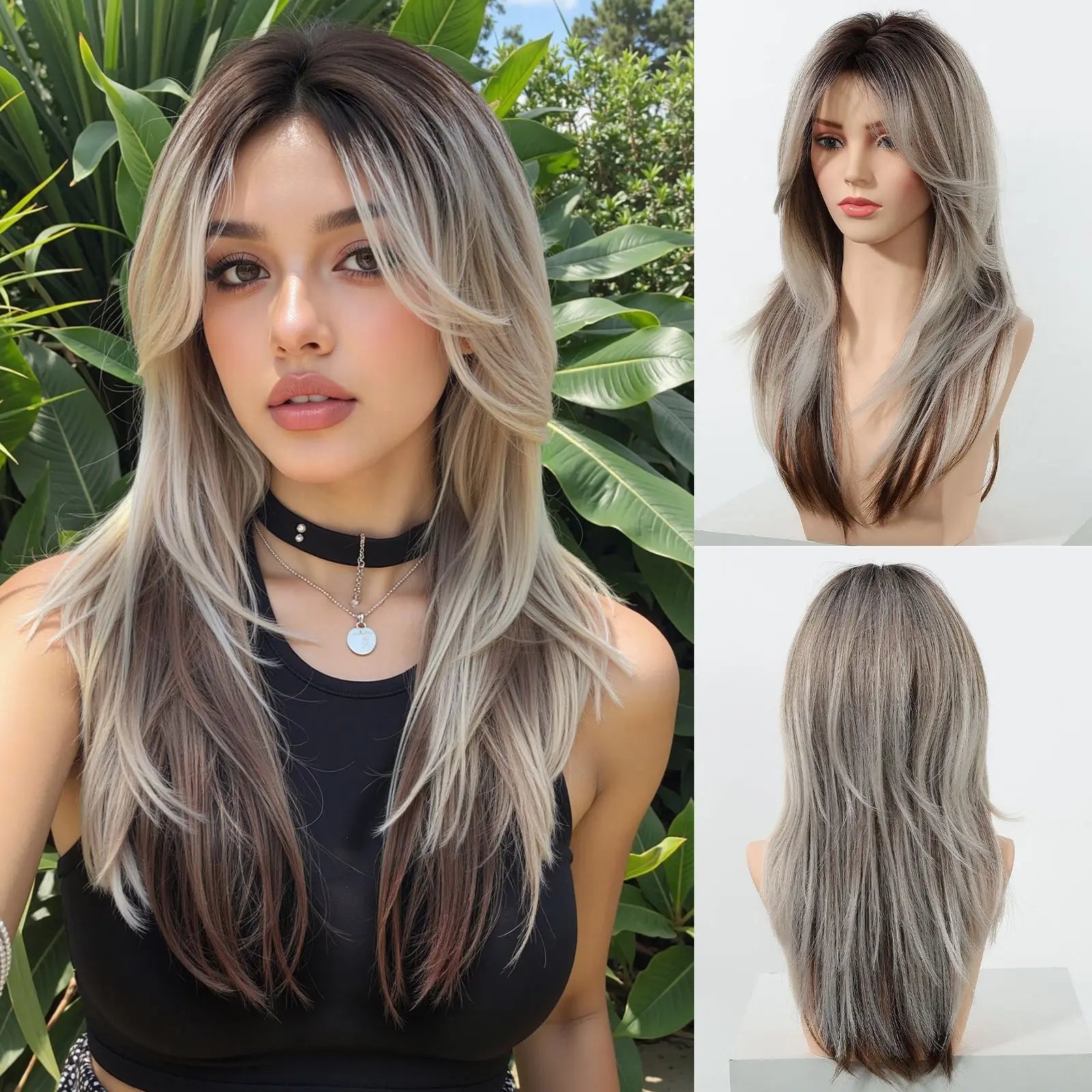 EASIHAIR Purple Synthetic Wigs for Women Long Straight Layered Hair Wigs With Side Bangs Ombre Purple Black Wigs Heat Resistant