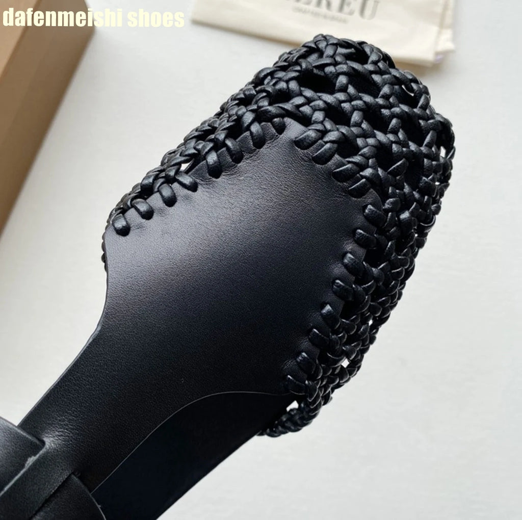 Flat Genuine Leather Woven Sandals Women's Hemp Rope Square Toe Summer Roman Shoes Singback Solid Color Fashion Shoes