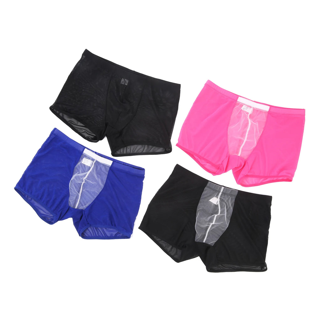 Mens Sexy Mesh Underwear Boxers Shorts Transparent Man Penis Pouch Panties Sheer Underpants Long Leg Boxershorts