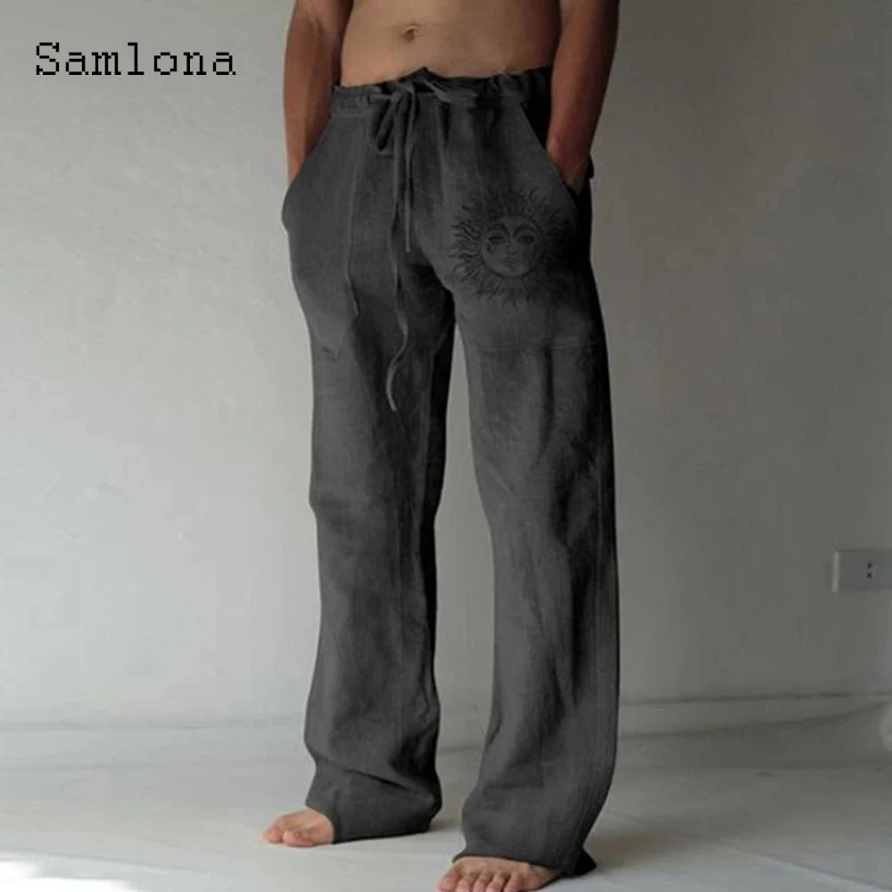 Samlona 2025 Men's Pocket Design Linen Pants Drawstring Loose Trouser Plus Size 3xl Mens Fashion Birds Feather Print Sweatpants