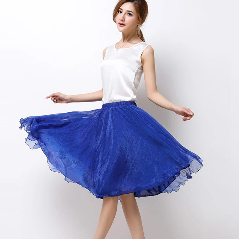 Summer Women Silk Tutu Skirts Chiffon Pleated Dance Beach Wedding Party Skirt Black White Elastic High Waist Midi Skirts