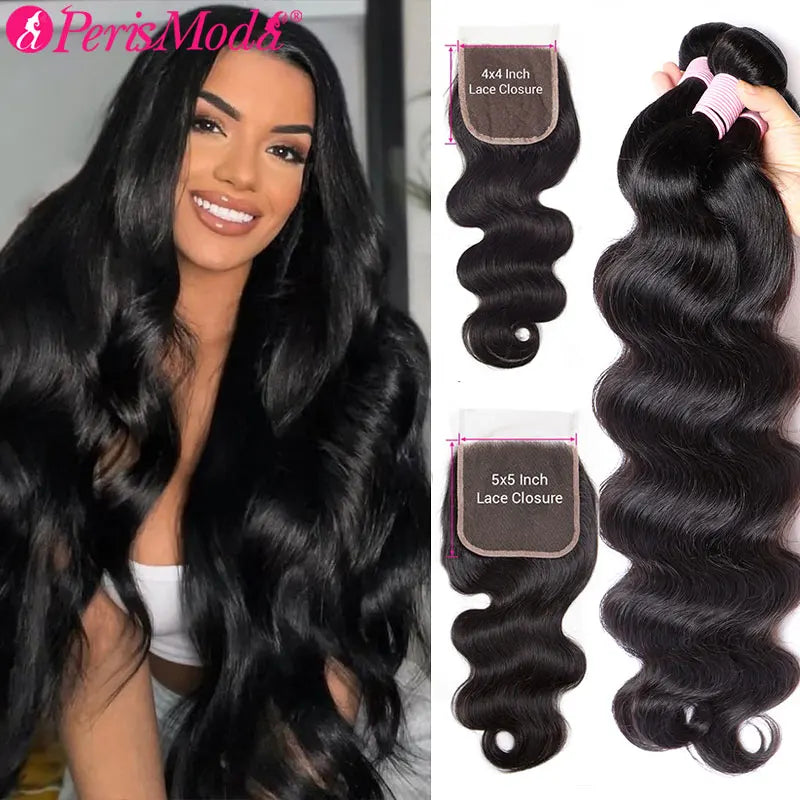 PerisModa Body Wave Human Hair Bundles With Closure 5x5 Transparent Lace 4×4 Brown Lace Brazilian Remy 12A Human Hair Extensions