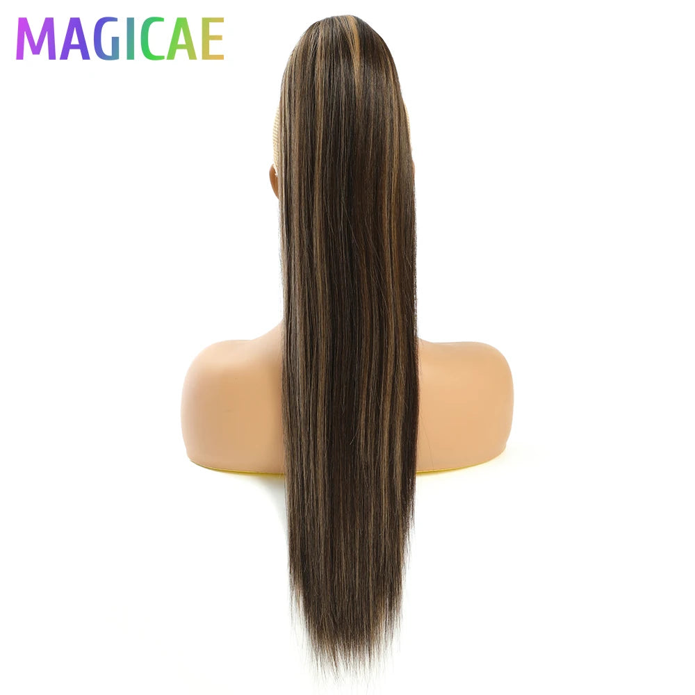 28Inch Straight Ponytail Blond Highlight 12/613 Ombre Brown Hair Extension With Clip 180Gram High Temperature Bio Synthetic Hair