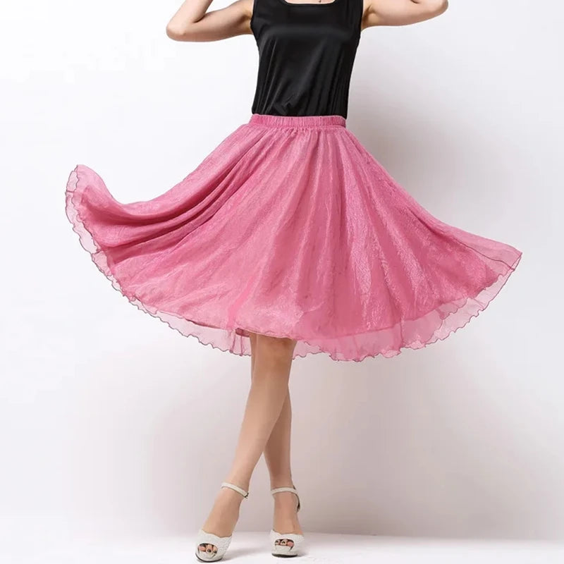 Summer Women Silk Tutu Skirts Chiffon Pleated Dance Beach Wedding Party Skirt Black White Elastic High Waist Midi Skirts