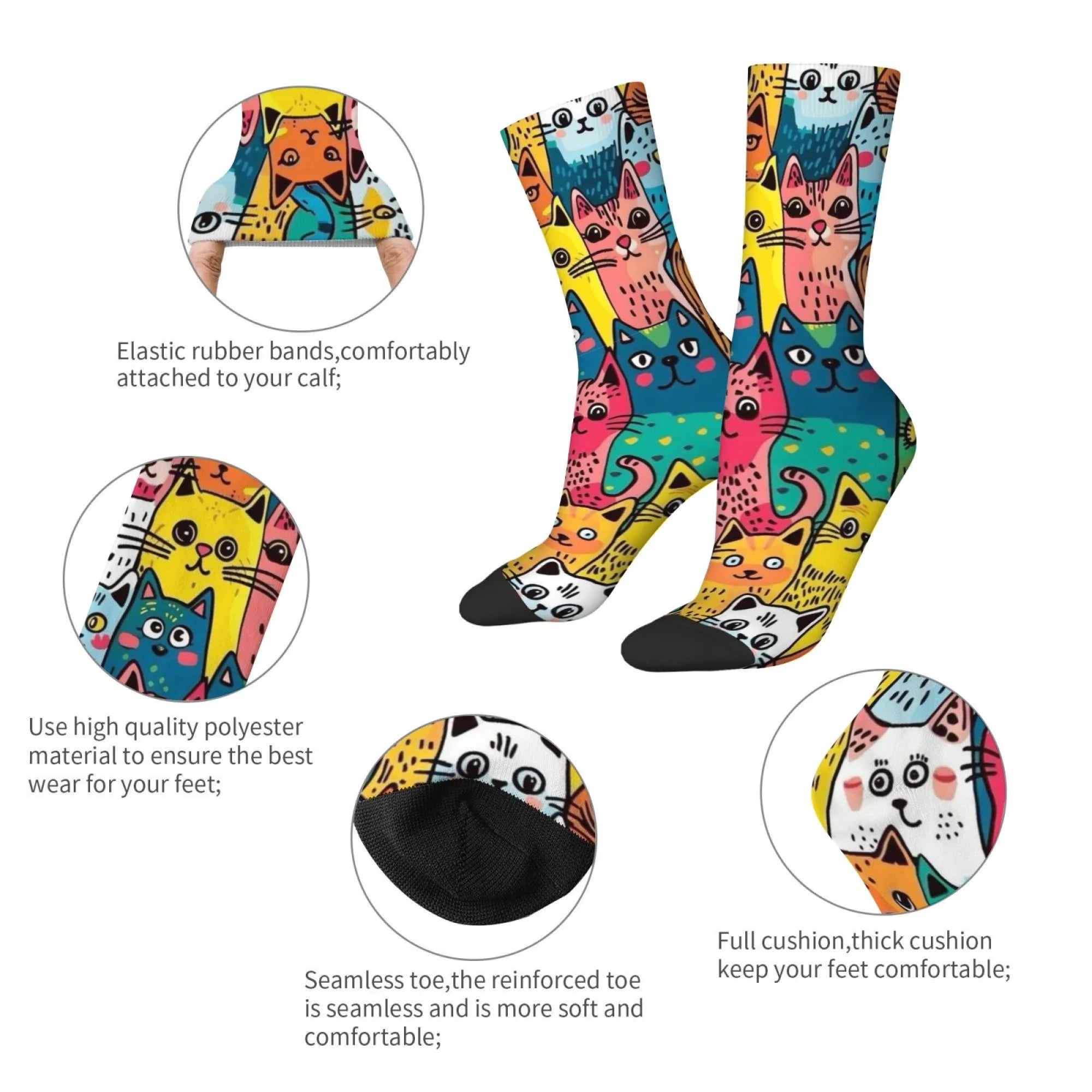 Cute Cartoon Cat Happy Men's Socks Harajuku Style Novelty Funny Hip-Hop Socks Comfortable Breathable Casual Sports Fashion Socks