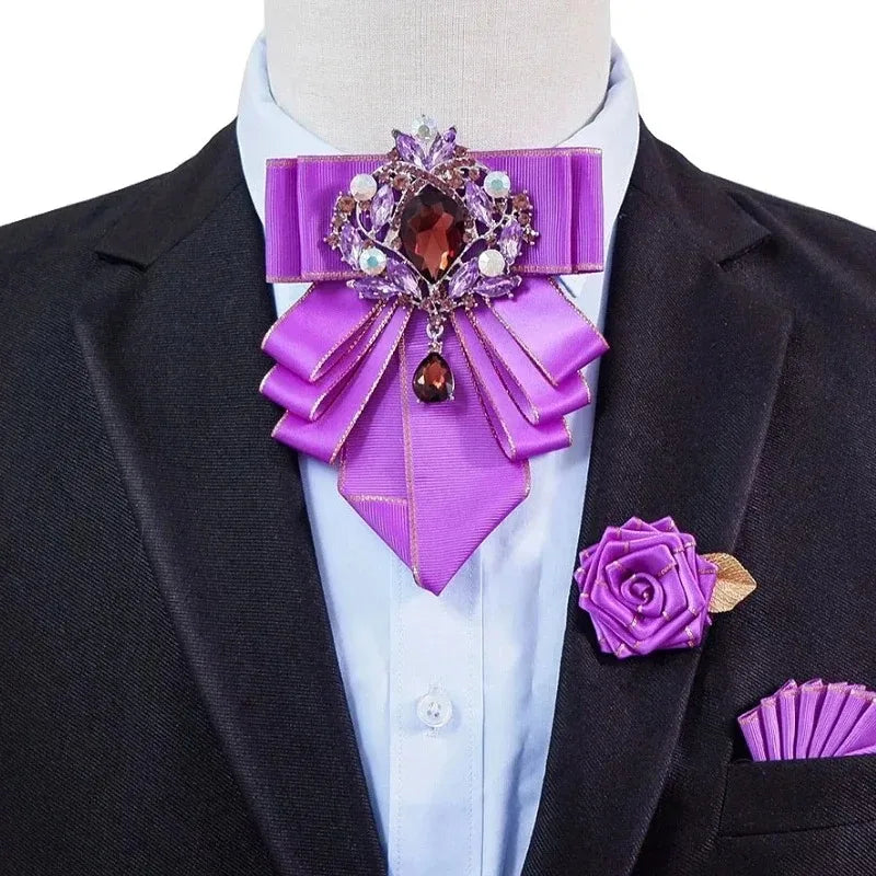 Vintage British Banquet Suit Shirt Collar Flowers Luxury French Men's Jewelry Bow Chest Clip 3-piece Set Wedding Bows Brooch Set