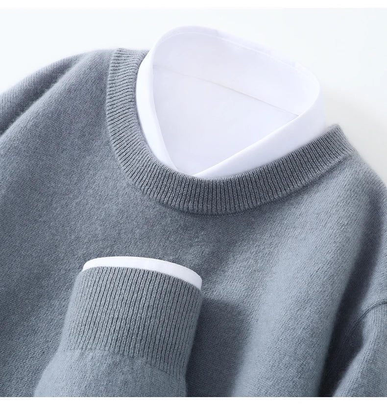 Autumn/Winter Men's 100% Pure Cashmere Pullover Business Casual Solid Knitted Sweater Loose Round Neck Tops Thick Warm Jumper