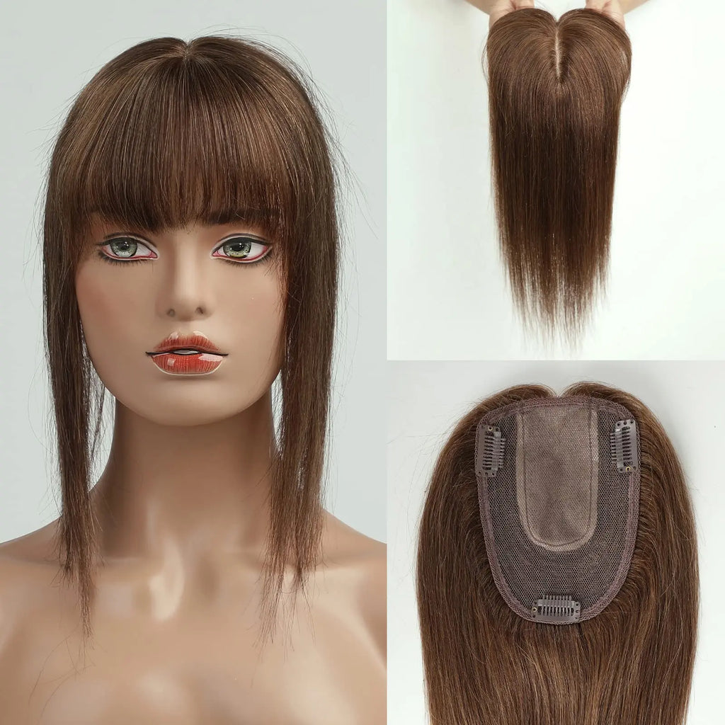 14 Inch Brown Silk Base Remy 100%Human Hair Toppers Clip-In Top Hairpiece for Women Natural Straight Hair Extensions
