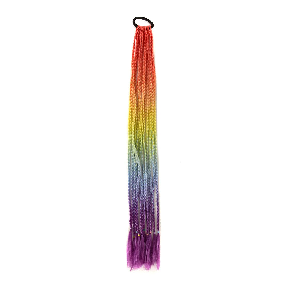 24inch Rubber Band Crochet Mixed Box Braids Plaited Ponytail Synthetic Gradient Dirty Braided Ponytail Hair Extensions for Kids