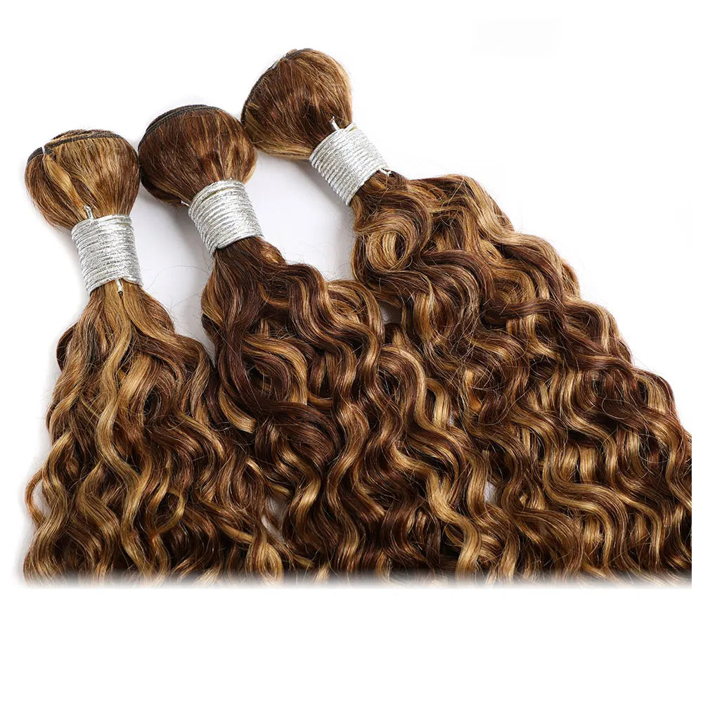 Water Wave Weave Highlight Bundles Human Hair  Brown Hair Highlighted Honey Blonde Human Hair Bundles 1 3 4 Pcs Colored Weaves