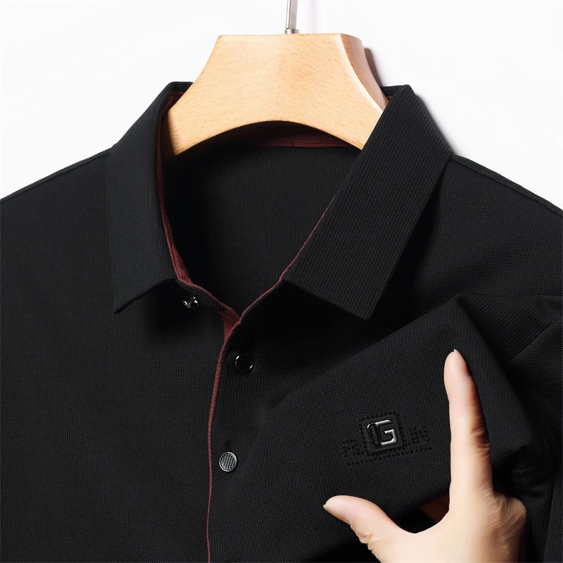 New Men's Business Casual Short Sleeved Shirt with Badge Solid Color Polo Shirt Fashionable Breathable Comfortable Versatile Top