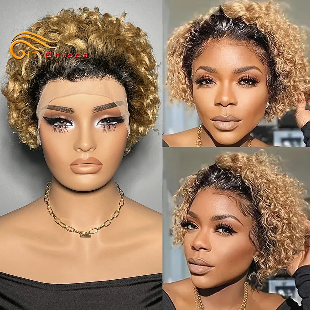 Curly Human Hair Wig Short Bob Pixie Cut Wig Human Hair For Women Brazilian Water Wave 13x1 Transparent Lace Wig