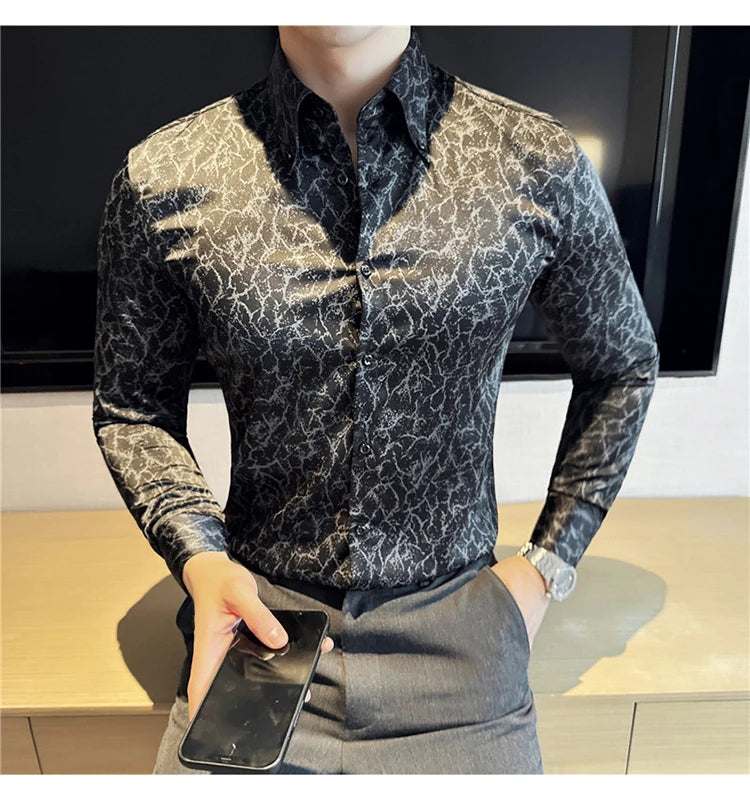 Men Dress Shirt 2024 Solid Casual Long Sleeve Slim Fit Print Shirt Fashion Formal Social Banquet Tuxedo Wedding Men Clothing