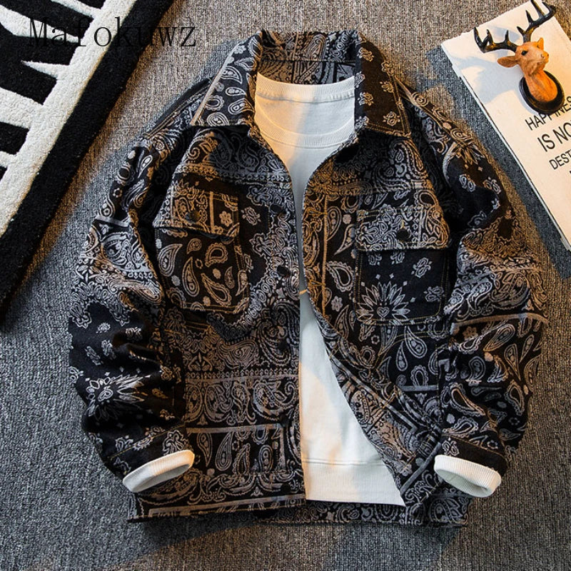 Spring Autumn Ethnic Style Denim Jacket Men's Niche Retro Loose Casual High Street Personalized Jackets Men Tops Male Clothes