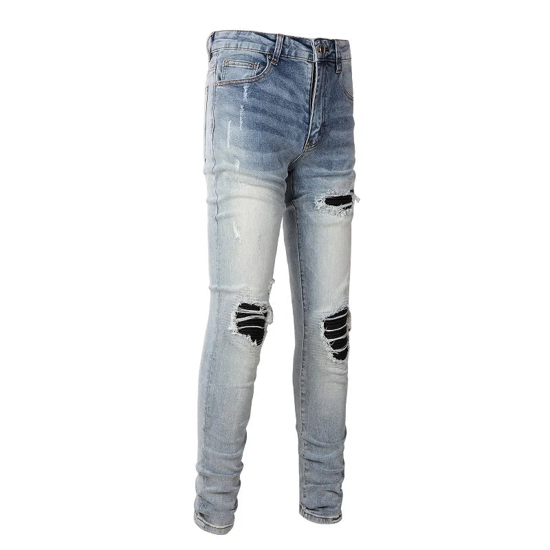 Men Leather Patches Denim Jeans Streetwear Holes Ripped High Stretch Pants Light Blue Skinny Tapered Trousers