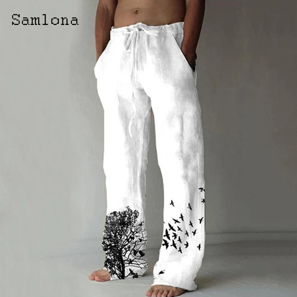 Samlona 2025 Men's Pocket Design Linen Pants Drawstring Loose Trouser Plus Size 3xl Mens Fashion Birds Feather Print Sweatpants