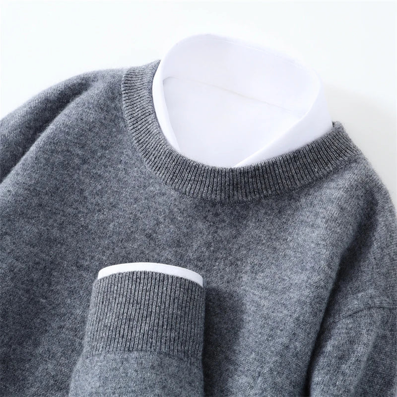 Autumn/Winter Men's 100% Pure Cashmere Pullover Business Casual Solid Knitted Sweater Loose Round Neck Tops Thick Warm Jumper