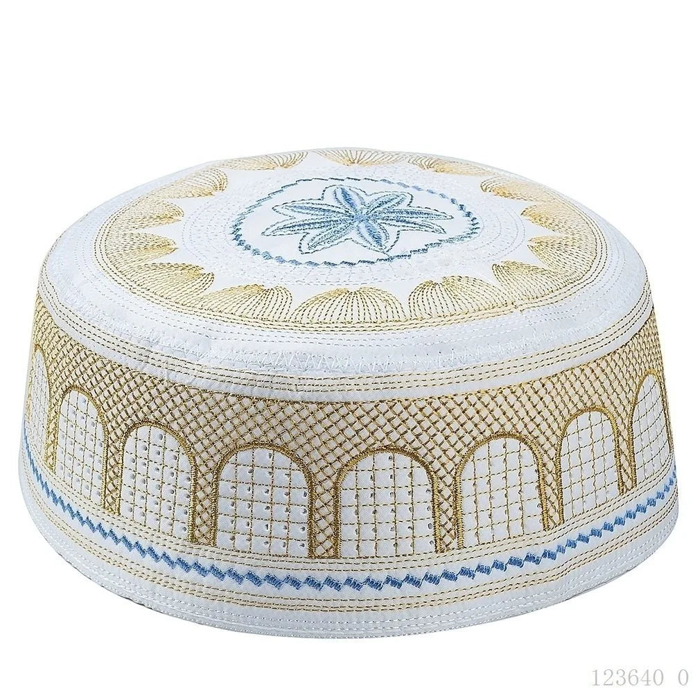 New Traditional Muslim Hat Embroidery Design Round Shape Prayer Hat Saudi Arabian Style Cotton Islamic Cap Prayer Use