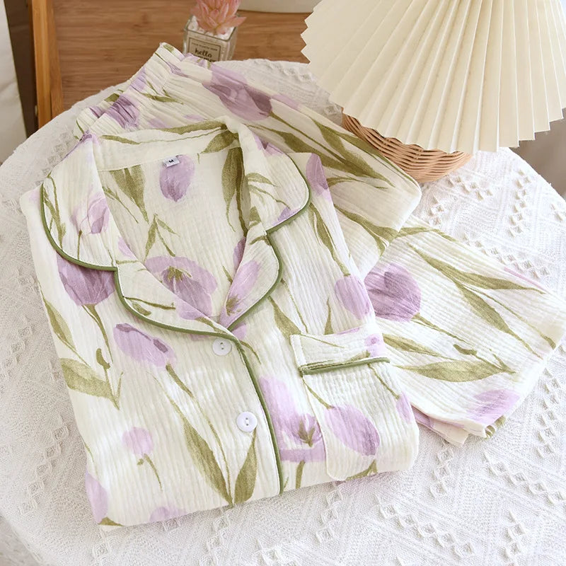 2026 Japanese New Spring and Autumn Women's Pajama Set 100% Cotton Gauze Long Sleeve Casual Home Clothes Two Piece Set