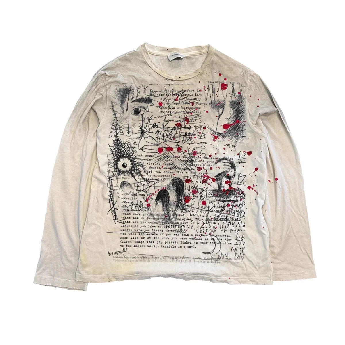 Vintage Washed Long Sleeves T-Shirt Summer Graffiti Printed Destroyed Dirty T Shirt Hip Hop Streetwear Cotton Tops Tees
