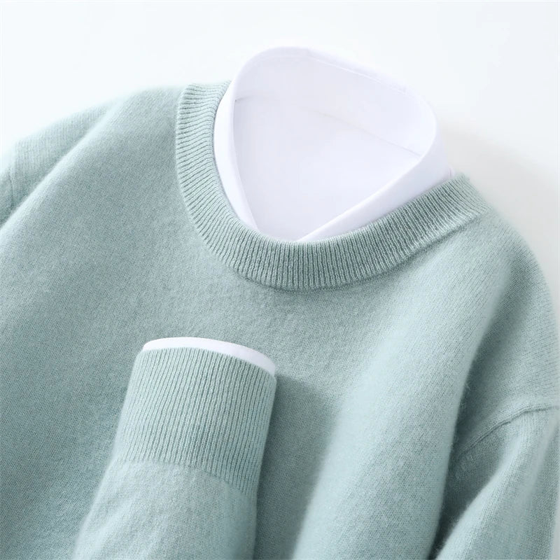 Autumn/Winter Men's 100% Pure Cashmere Pullover Business Casual Solid Knitted Sweater Loose Round Neck Tops Thick Warm Jumper