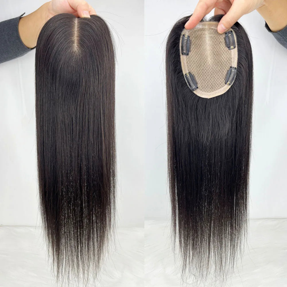 11x13cm Dark Brown Human Hair Topper Silk Base Hand Tied Silk Top Toupee Breathable Remy Hair Piece with Clips in for Women