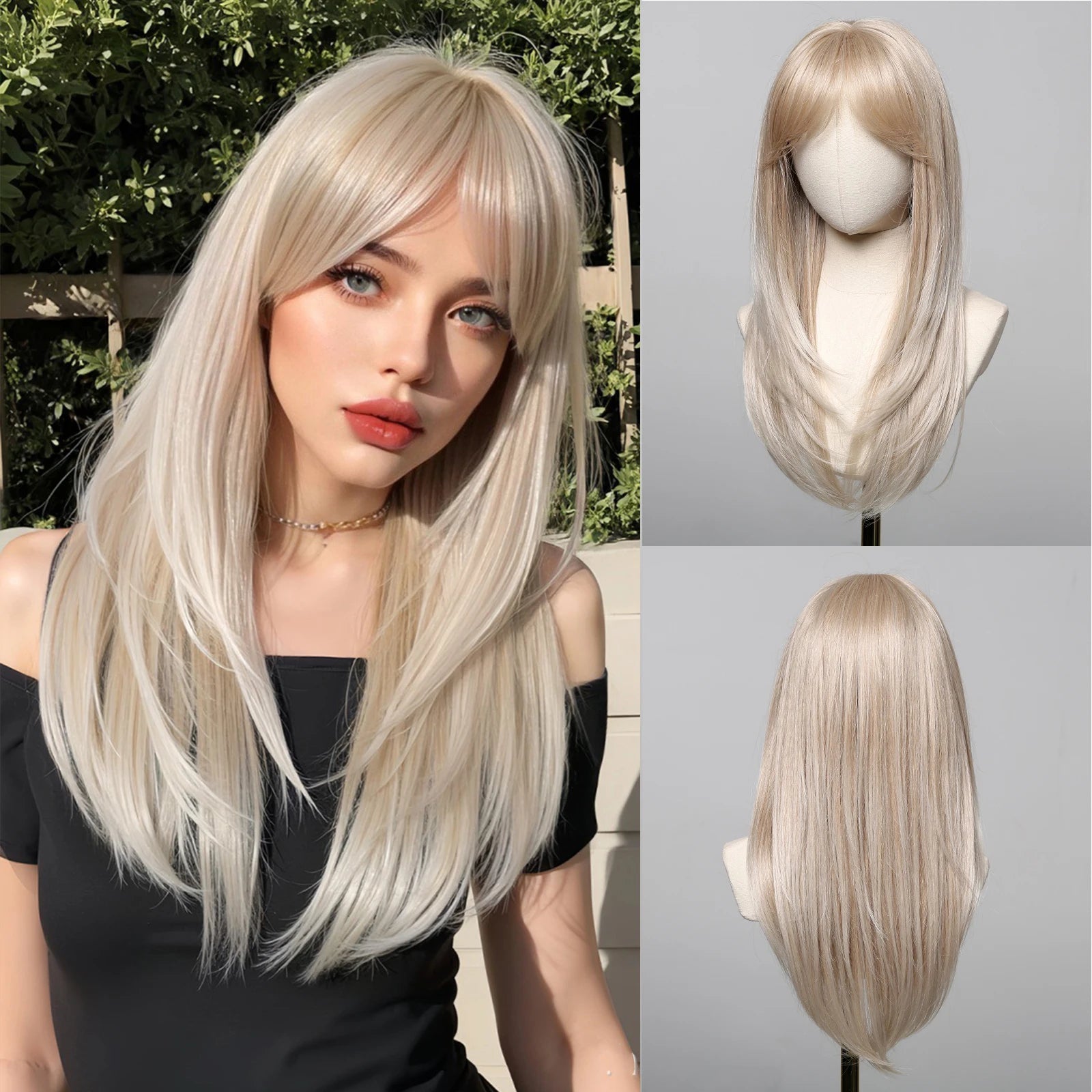 EASIHAIR Purple Synthetic Wigs for Women Long Straight Layered Hair Wigs With Side Bangs Ombre Purple Black Wigs Heat Resistant