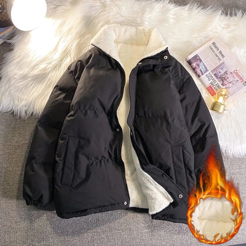 Warm Fleece Winter Lined Puffer Jackets Men Thick Parkas Casual Man Padded Down Outwear Zipper Long Sleeve Outdoor Couple Coat