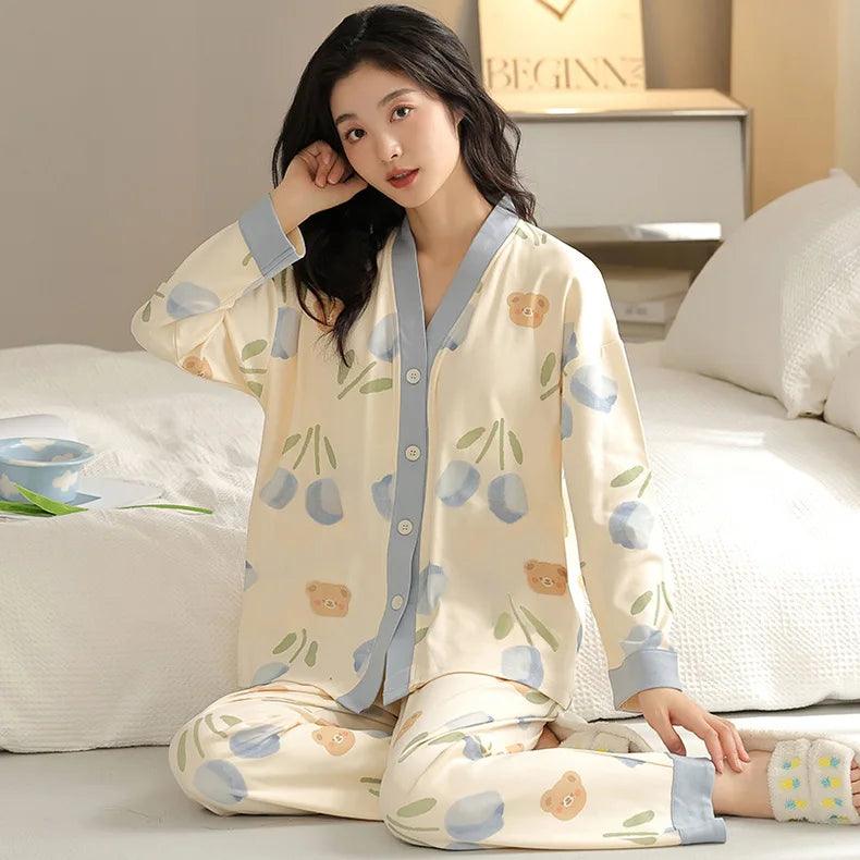Y2k Women's 100% POLYESTER Pajamas with Cartoon Print Korean Fresh Ins Style Harajuku Lounges 2pcs 2024 New Spring/fall Homewear