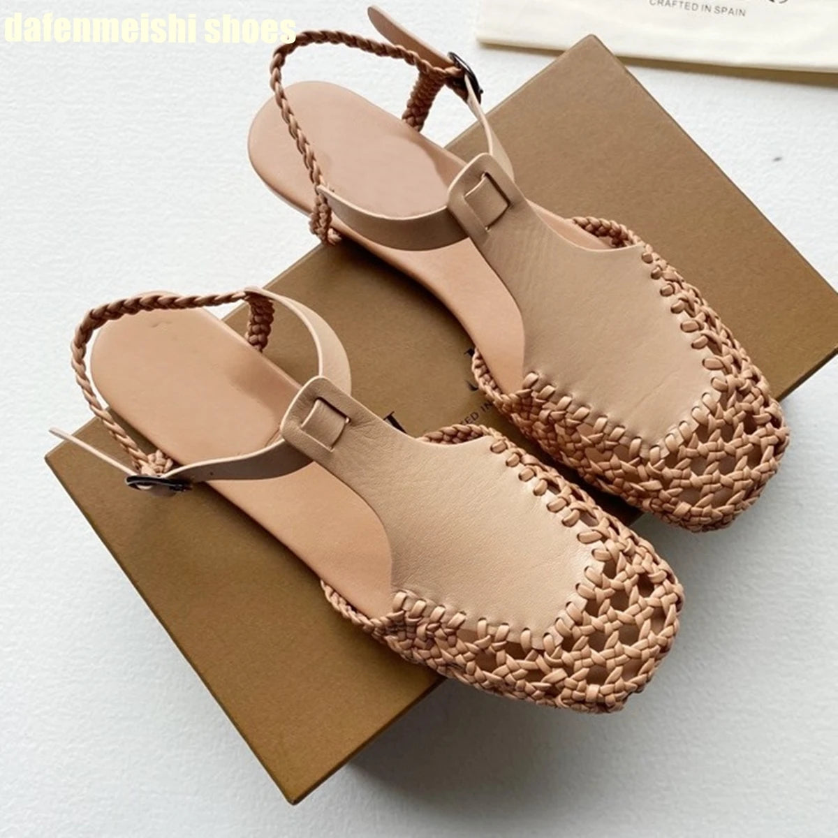 Flat Genuine Leather Woven Sandals Women's Hemp Rope Square Toe Summer Roman Shoes Singback Solid Color Fashion Shoes