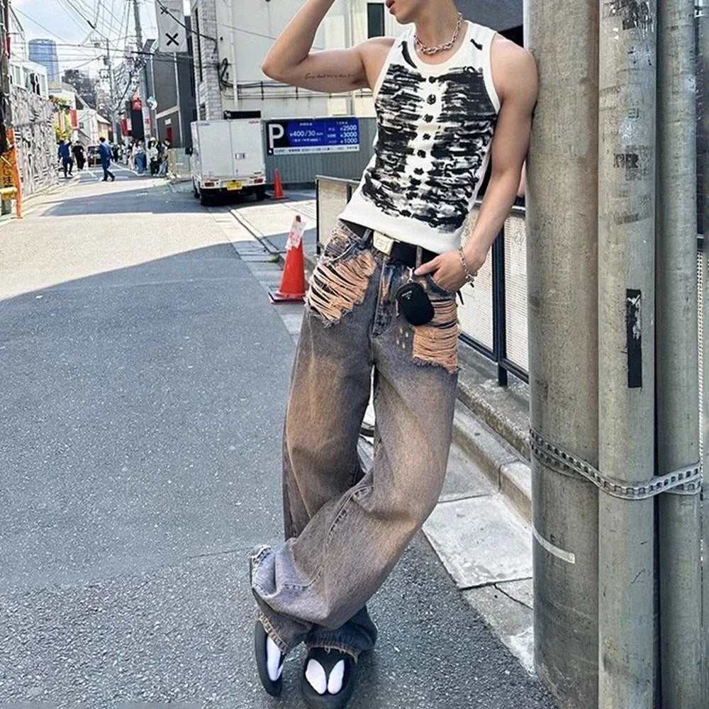 Mens Street Tie-Dye Tight-Fitting Sports Vest Genderless Sexy Fashion Youth Trendy Casual Printed Comfortable Vest Unisex