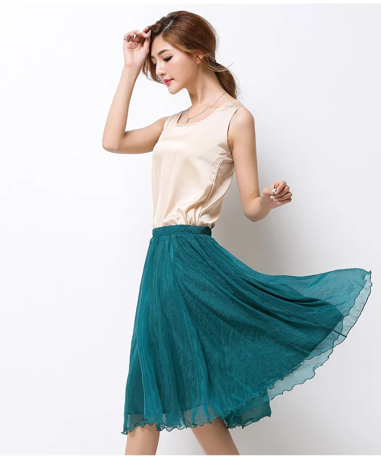 Summer Women Silk Tutu Skirts Chiffon Pleated Dance Beach Wedding Party Skirt Black White Elastic High Waist Midi Skirts