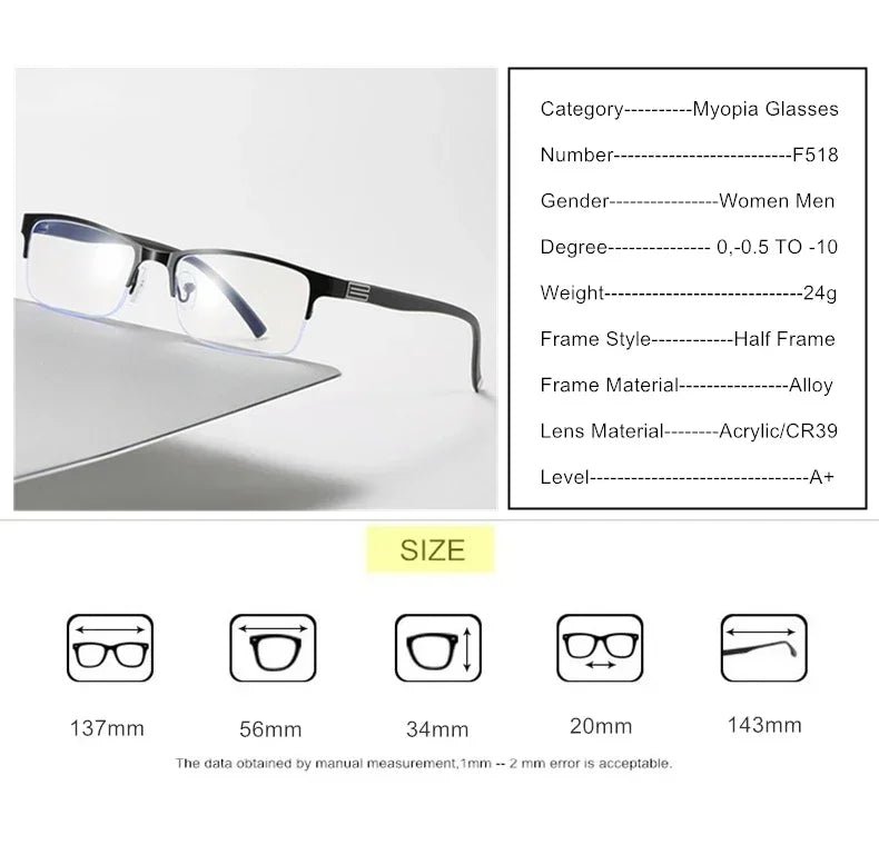 Myopia Prescription Glasses -0.5 TO -10 Men Women Business Half Frame Anti Blue Ray Photochromic Shortsighted Spectacles F518