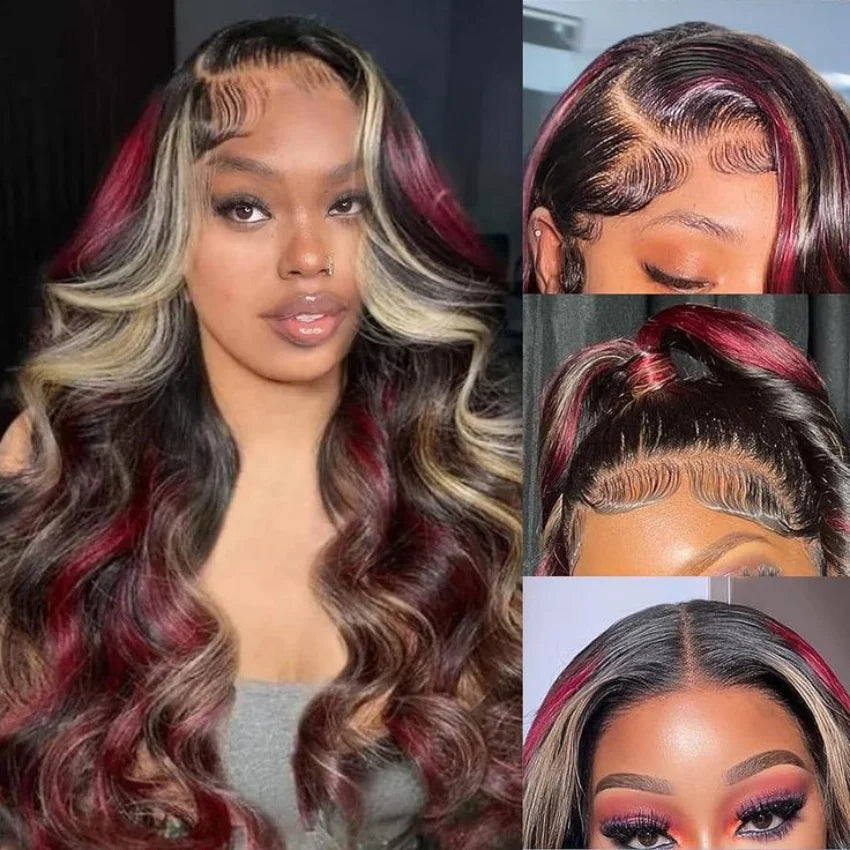 Black With Red Highlight Wig Synthetic Lace Front Wig 13X4 Pre plucked Hairline With BabyHairWomen's Wig with Density Lace Front