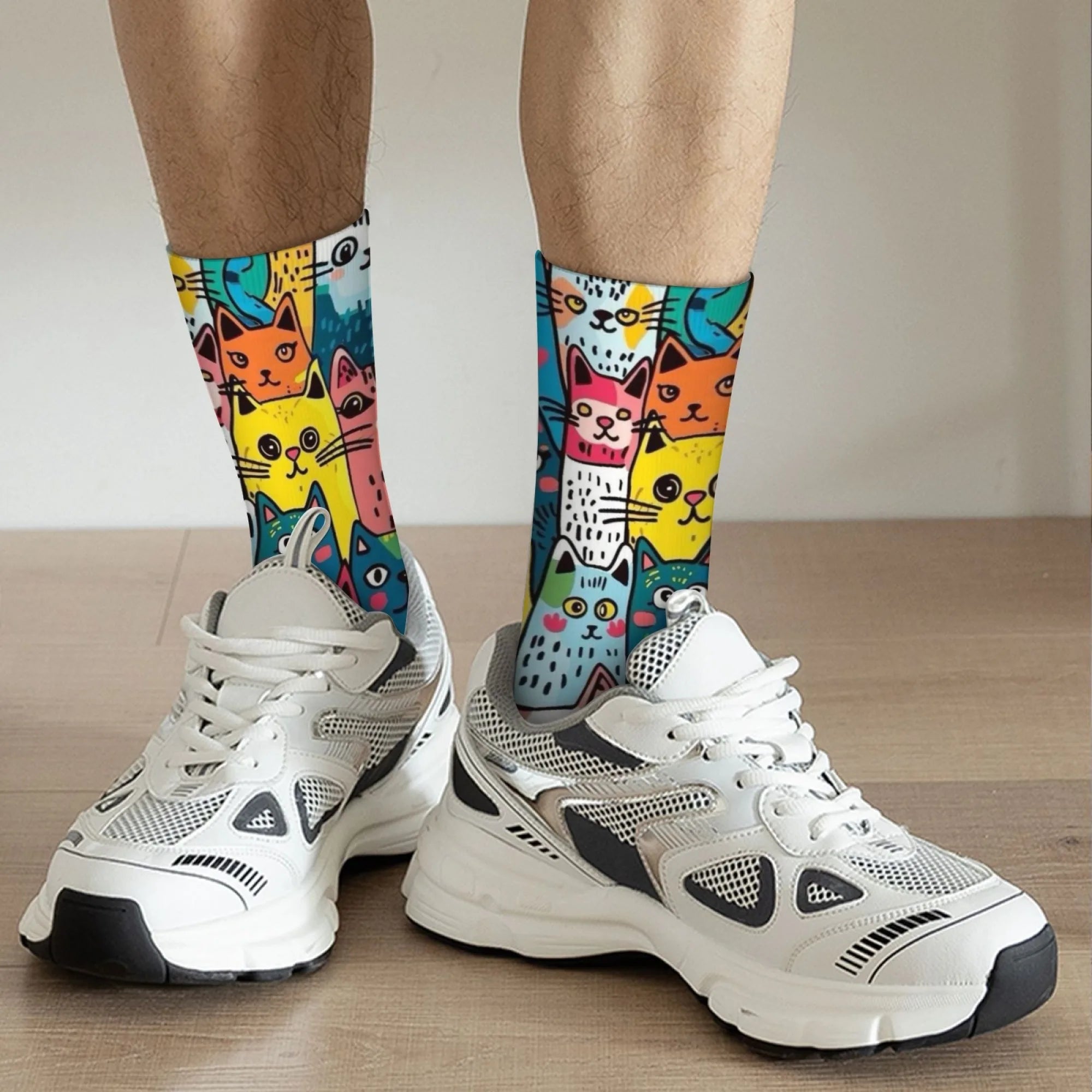 Cute Cartoon Cat Happy Men's Socks Harajuku Style Novelty Funny Hip-Hop Socks Comfortable Breathable Casual Sports Fashion Socks