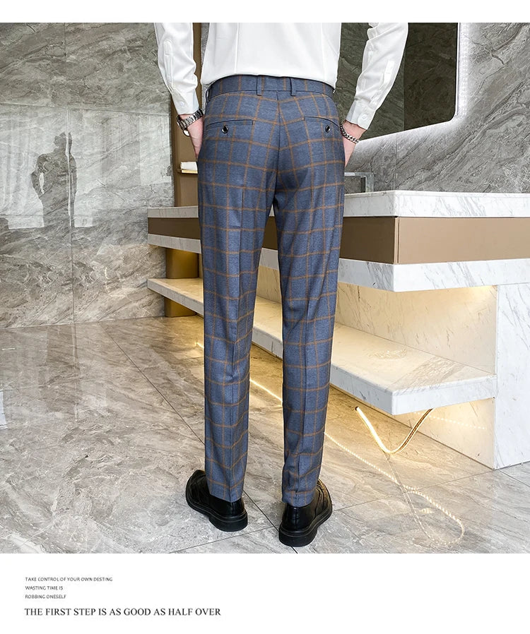 2025 New Burgundy Navy Plaid Casual Suit Pants for Men, Beige/Blue Vertical Stripe Non-Iron Slim Small Leg Work Trousers Men