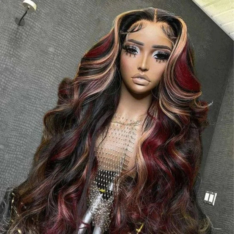 Black With Red Highlight Wig Synthetic Lace Front Wig 13X4 Pre plucked Hairline With BabyHairWomen's Wig with Density Lace Front