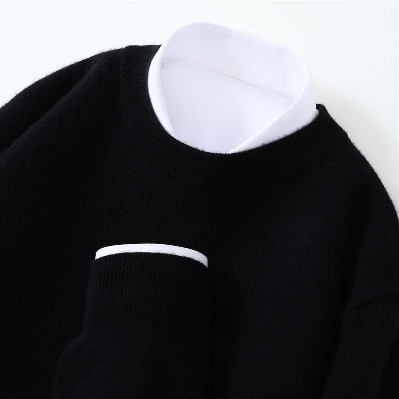 Autumn/Winter Men's 100% Pure Cashmere Pullover Business Casual Solid Knitted Sweater Loose Round Neck Tops Thick Warm Jumper