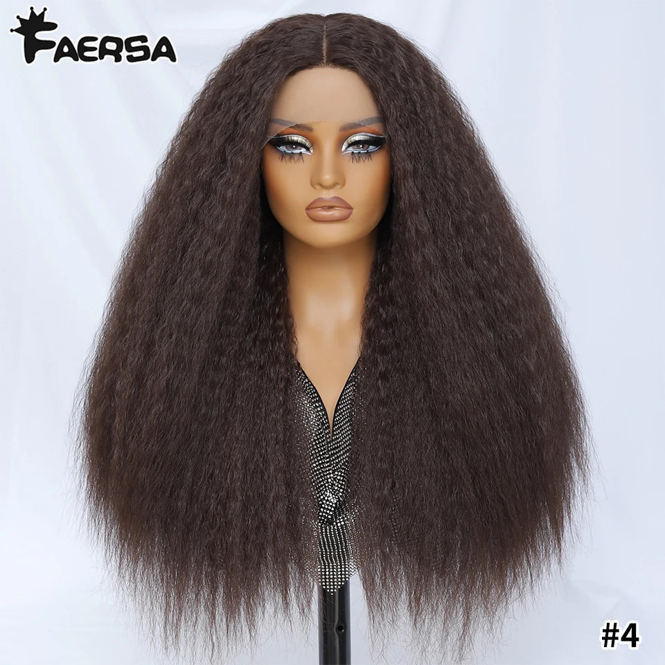 Kinky Straight Lace Front Wig T-Part 28Inch Synthetic 13x5x1 Long Lace Wigs Afro Yaki Straight Wigs Ombre Brown For Black Women