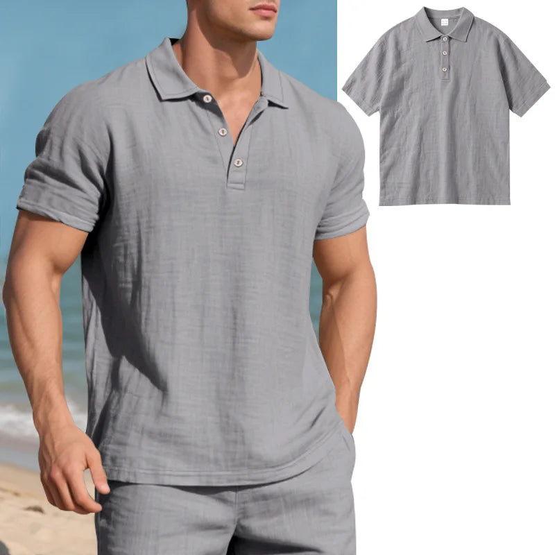 2025Summer New Men's Shirt British Style Loose Trendy Breathable Linen Casual Polo Collar Series POLO Shirt Short Sleeve