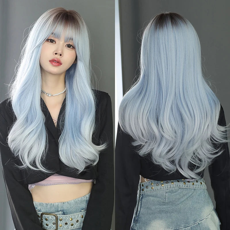 7JHH WIGS Body Wavy Wig Long Loose Curly Brown Wig for Women Daily Use High Density Synthetic Layered Hair Wigs with Bangs