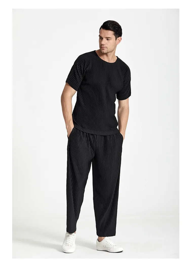 Pleats Pleated Commuter Pants Men's 2024 Autumn New Draped Elastic Trousers Casual Japanese Men Solid Color Nine Minute Pants